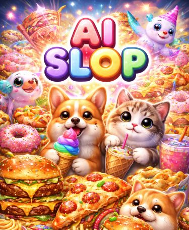 A collage labeled "AI SLOP" with burgers, donuts, animals, phones, and a smiling woman.