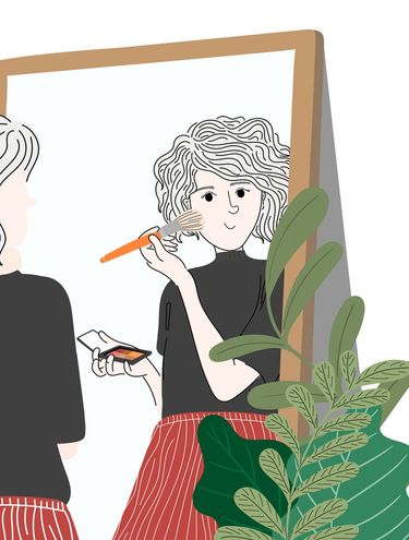An illustration of a woman applying makeup in front of a full-length mirror.