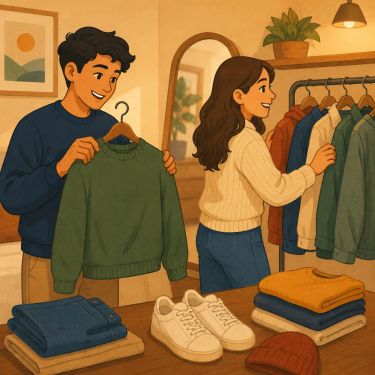 Two people choosing clothes in a warm bedroom or small shop, with one holding a green sweater and the other looking at shirts and jackets on a clothing rack.