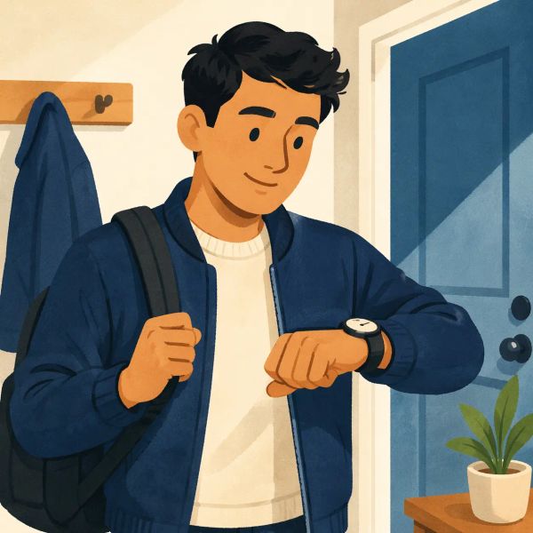 A man checking his watch with a backpack.