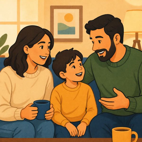 Two parents and a child sitting together.