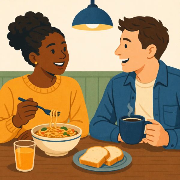 Two people eating at a table.