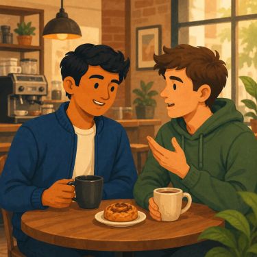 Two friends sit at a café table, talking and listening to each other while holding mugs. A shared pastry sits between them in a warm, cozy café.