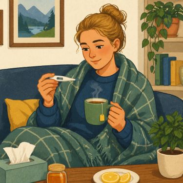 A woman sitting on a sofa with a cup and blanket.