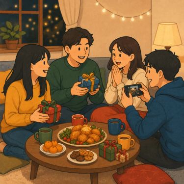 A group of friends sit around a low table at home, sharing holiday food and wrapped gifts while one person takes a photo.