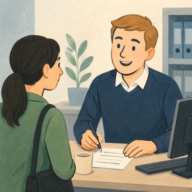 Two people standing together at work.