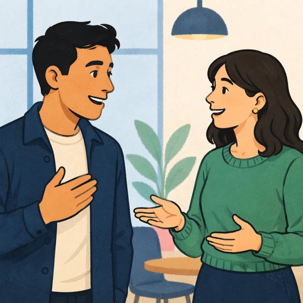 Two people talking indoors.