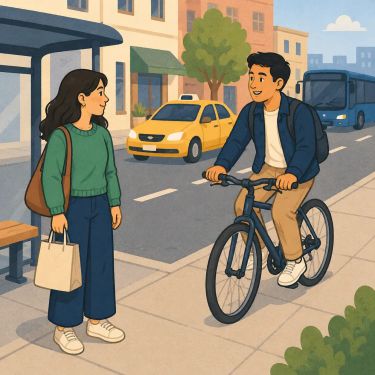 A woman stands at a bus stop holding shopping bags while a man arrives by bicycle on a sunny city street. A yellow taxi and a blue bus are on the road behind them, with simple buildings and a tree in the background.
