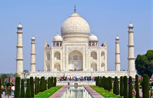 The Taj Mahal with blue sky in the background.