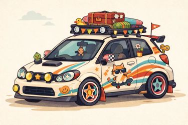 A decorated white hatchback with colorful stripes, decals, and items on the roof.