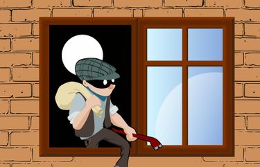 An illustration of a masked burglar holding a crowbar and climbing out of a window.