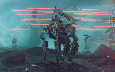 A person in a helmet sits on a four-legged robot in a barren futuristic landscape.