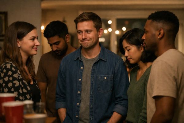 Five late-20s adults stand close together at a warmly lit house party, reacting awkwardly after a joke falls flat—one man forces a tight half-smile while others avert their eyes or offer strained polite smiles, with cups and soft string-light bokeh in the background.
