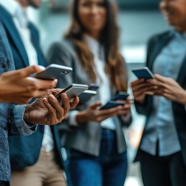 A group of business professionals stand together indoors, each holding and looking at a smartphone, with the focus on their hands and phones and the background softly blurred.