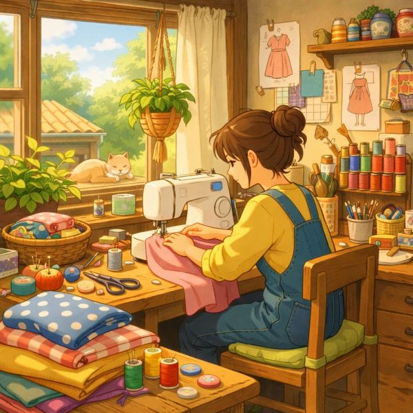 A person sits at a sewing machine in a warm, sunlit room, making clothes with colorful fabric and thread spread across wooden tables. Plants fill the space, design sketches hang on the wall, and the scene feels peaceful, cozy, and handmade.